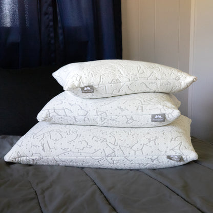 Prestige Star Constellation Design Buckwheat Husk Pillows showing stacked on top of each other on bed - Japanese Plus Size 14"x 20", Standard Size 20" x 26", Travel Size 10" x 14"