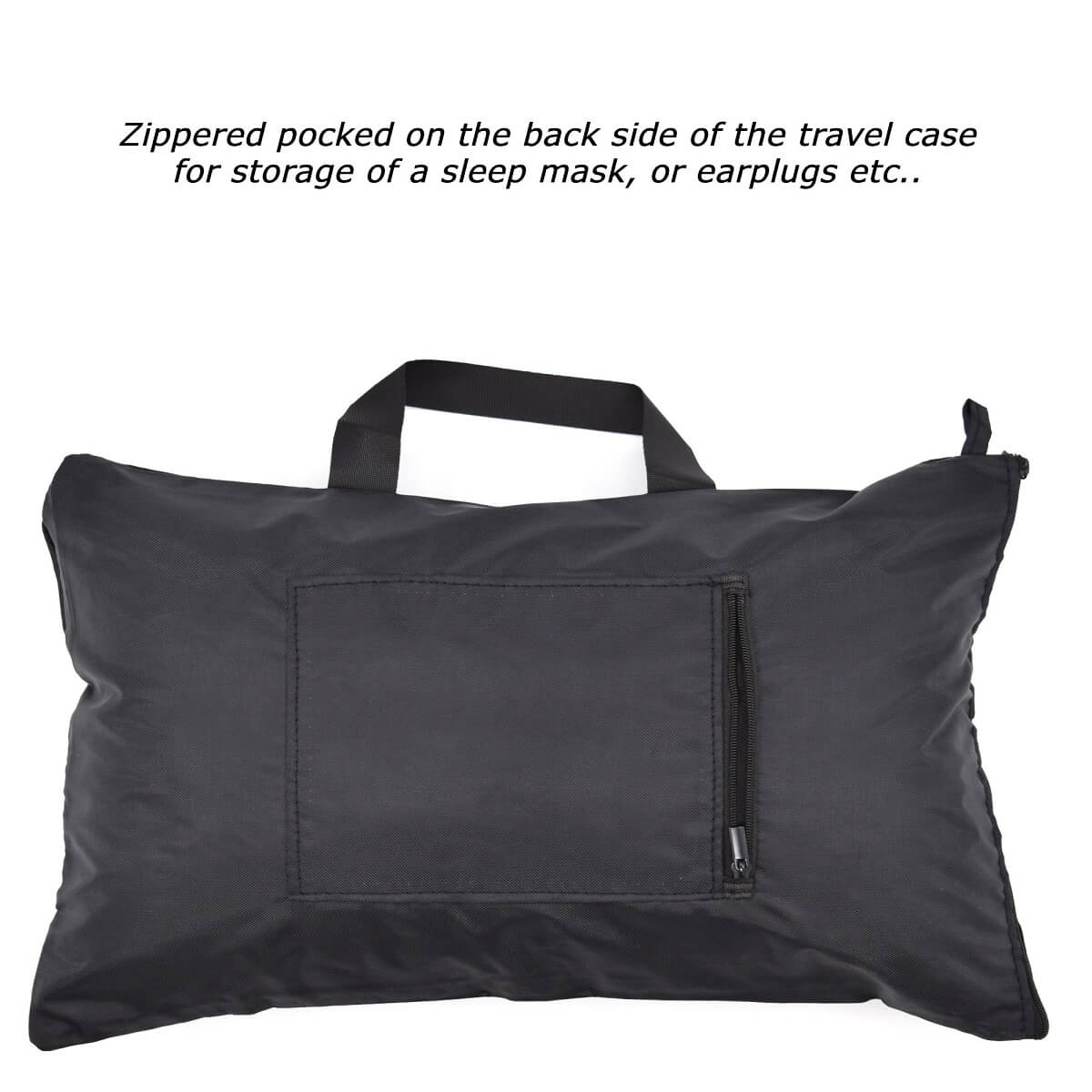 Buckwheat Travel Pillow storage bag back side with explanation of bags features